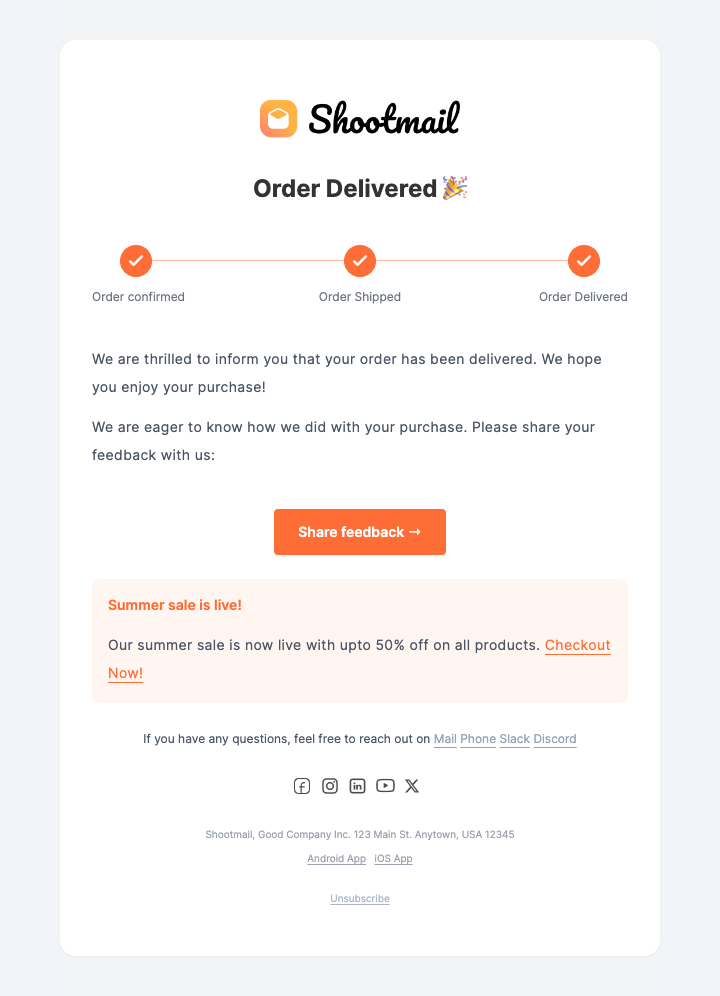 Order Delivered With feedback mail template