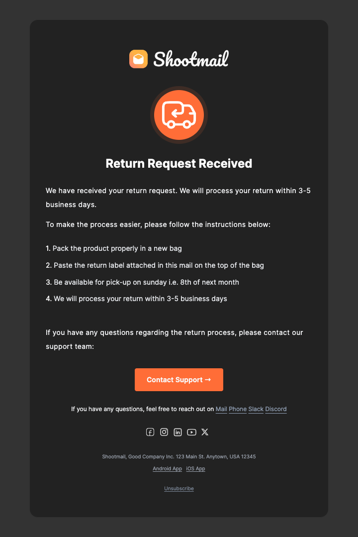 Order Return mail template