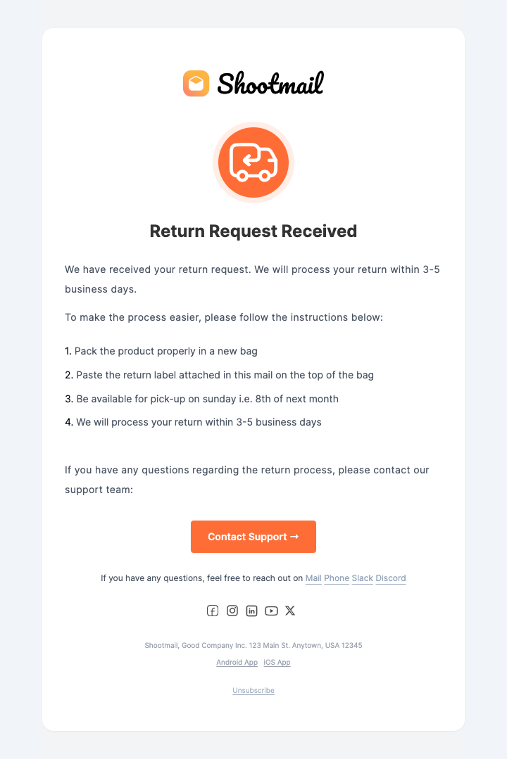 Order Return mail template