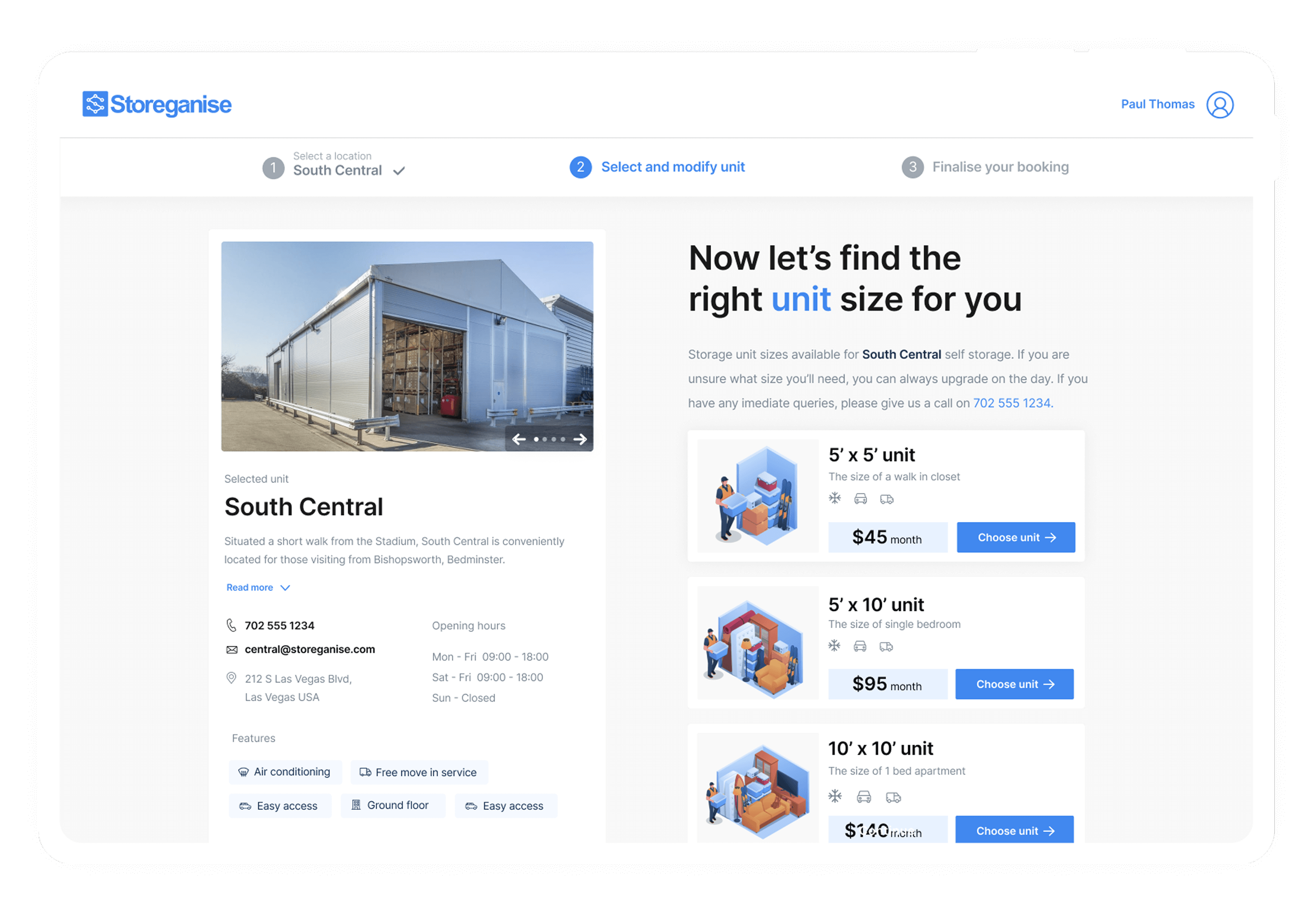 Storeganise booking page showing unit size options, pricing, and South Central location details for easy online reservation.