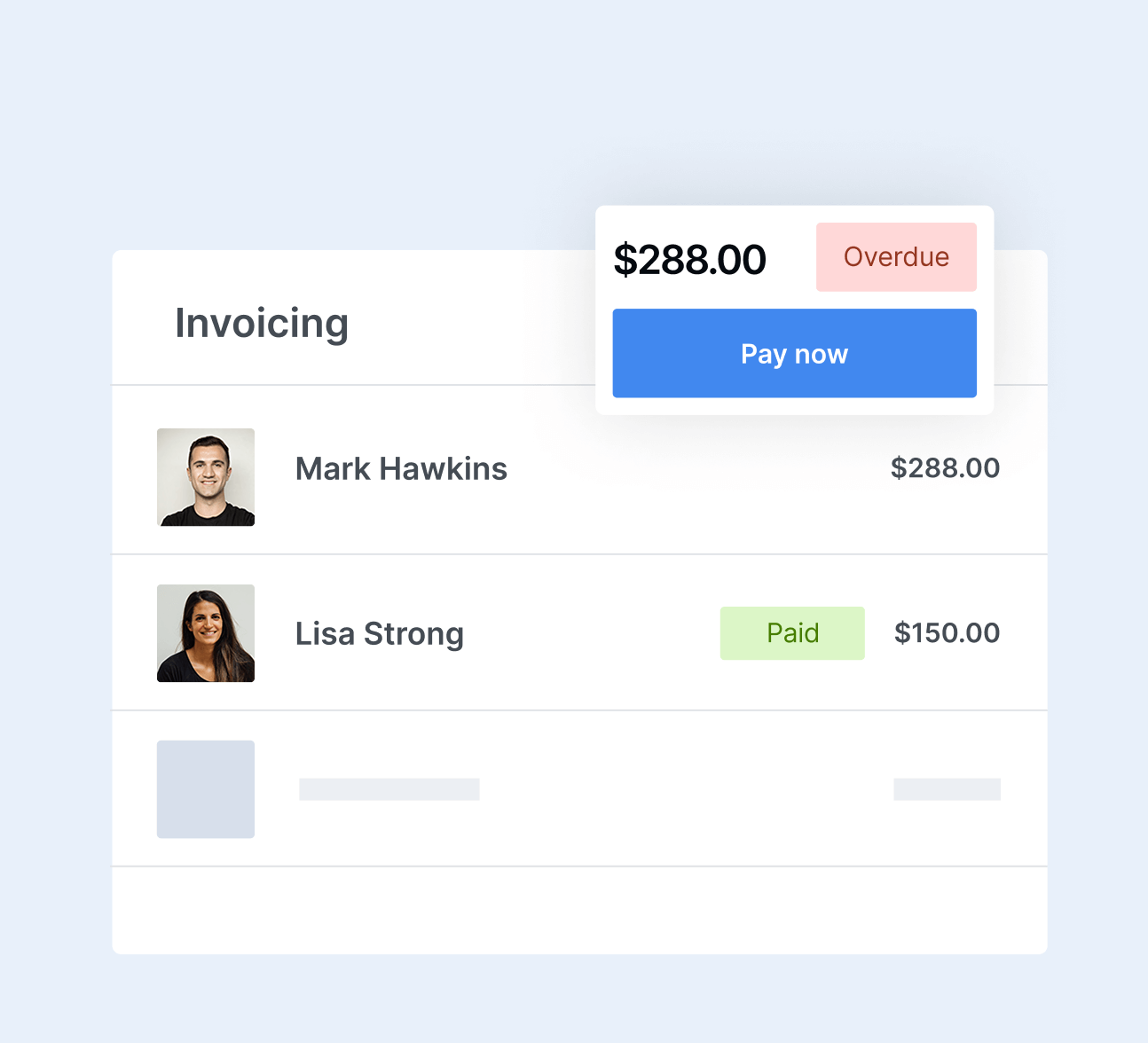 Storeganise invoicing screen showing overdue payment of $288 with Pay Now button and paid invoice status for another customer.