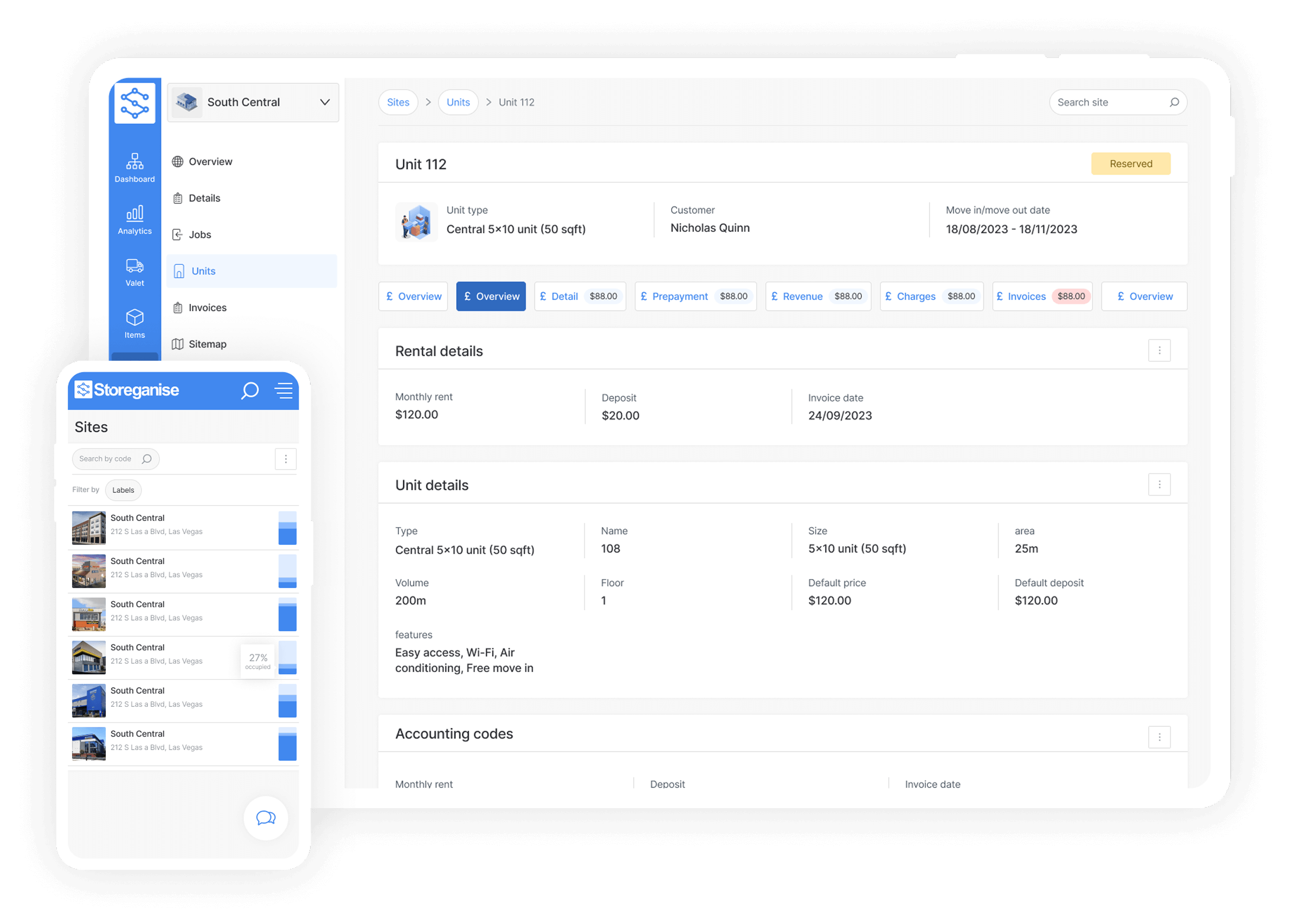 Storeganise unit details page showing rental info, pricing, customer details, and accounting codes for a storage unit.
