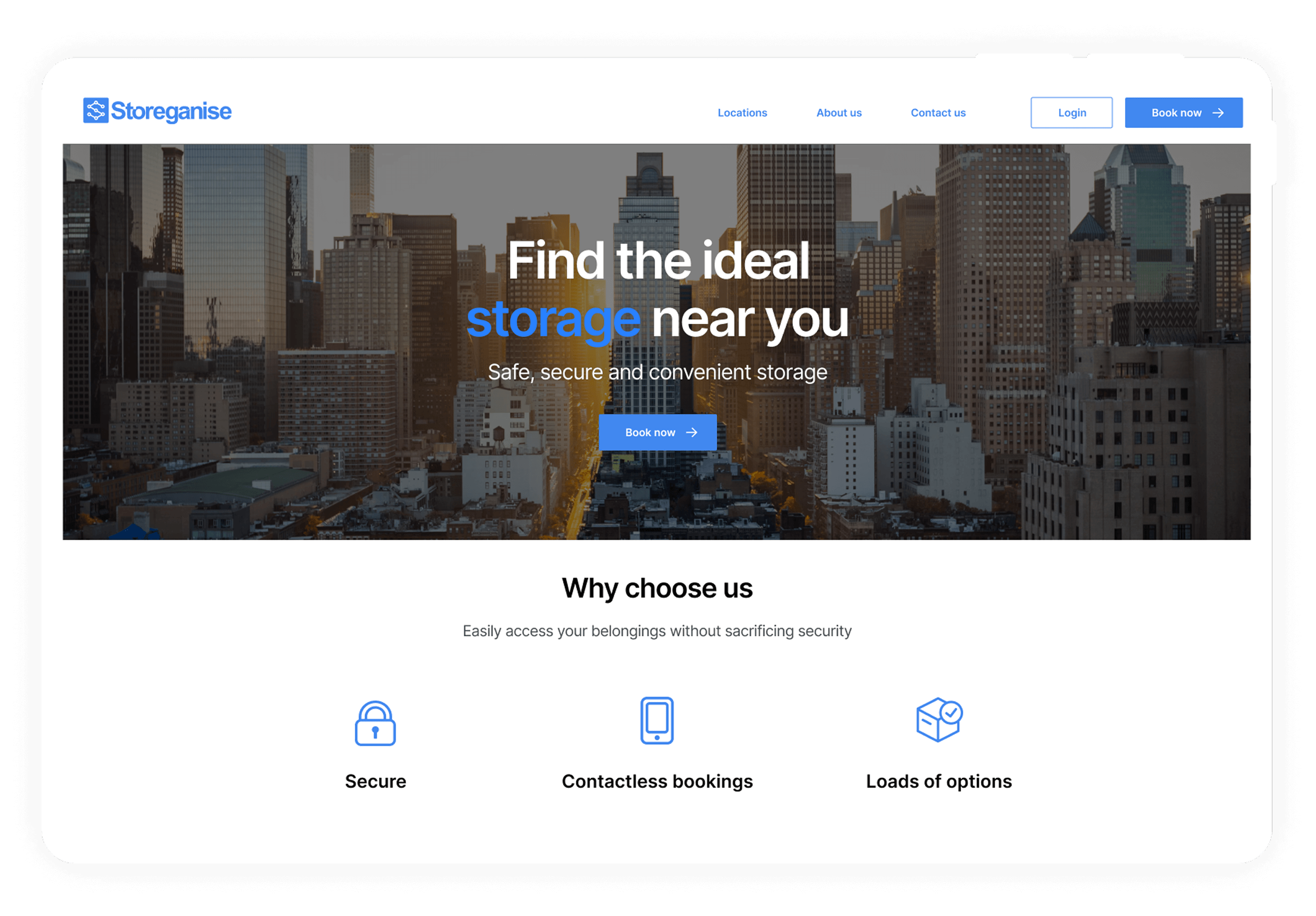 Storeganise homepage with storage search banner and Why Choose Us section highlighting secure, contactless booking options.