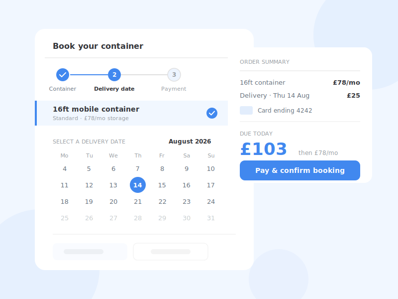 Online booking flow for a mobile storage container, with date selection and payment