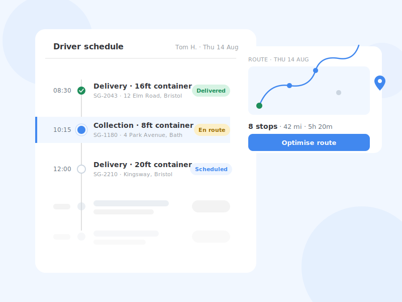 Driver schedule showing container deliveries and collections on a route