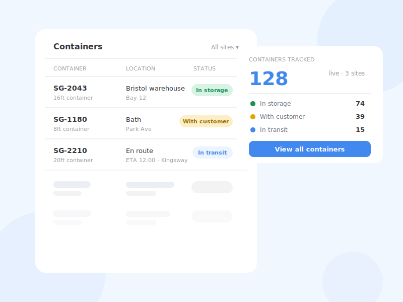 Container list showing status and location: in storage, with customer, in transit
