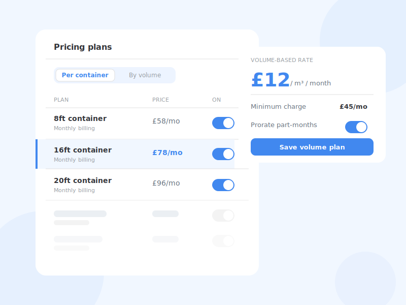 Pricing setup for container and volume-based plans