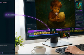 AI-powered video editing timeline with smart clip arrangement and narrative suggestions for professional filmmakers