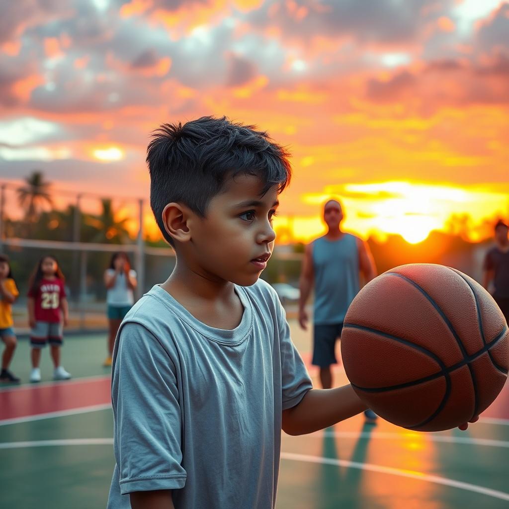 quiet suburban street where a solitary basketball hoop stands in a driveway. The air is warm and still, the only sound the rhythmic bounce of a basketball.