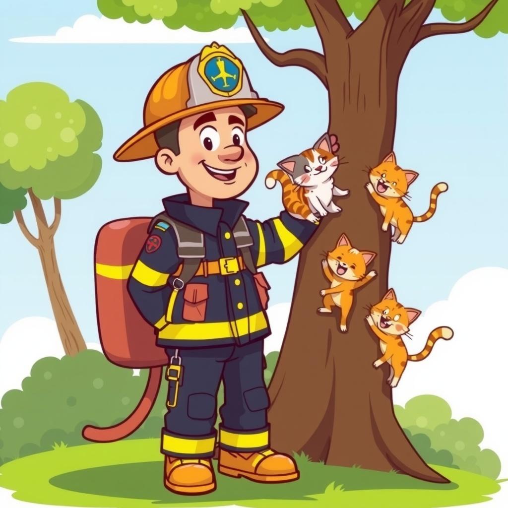 The Brave Firefighter and the Curious Cats