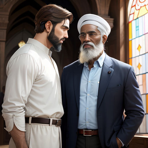 two men standing next to each other in front of a stained glass window with a stained glass window behind them