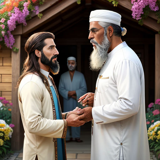 a man with a beard and a white beard is shaking hands with another man in a white outfit and a white turban
