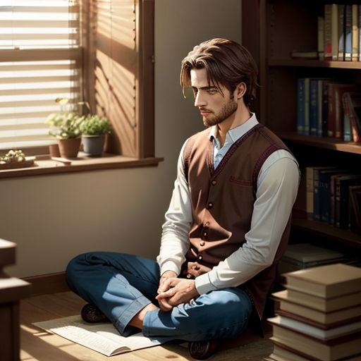 a man sitting on the floor in front of a window with a bookcase and a window behind him