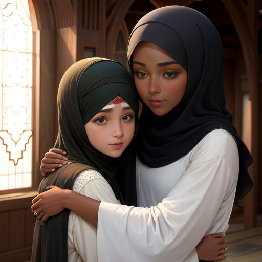 two women in hijabs hugging each other in a room with stained glass windows and a stained glass window