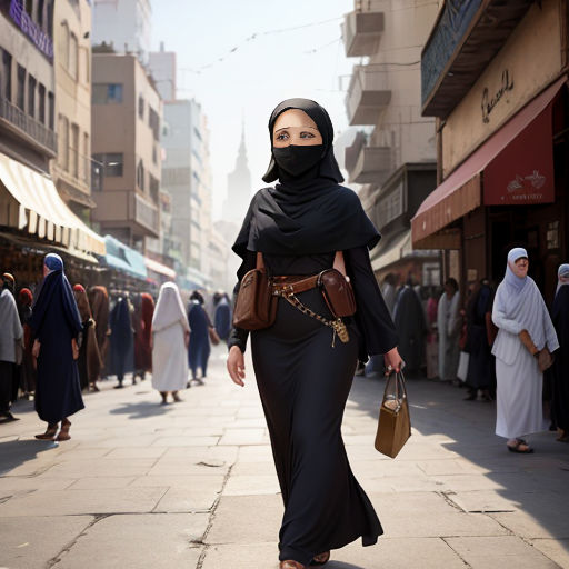 a woman in a black dress and a brown purse walking down a street with people in the background and buildings