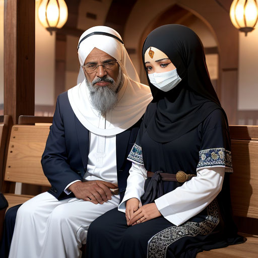 a man and woman sitting on a bench wearing masks and headscarves, both wearing black and white