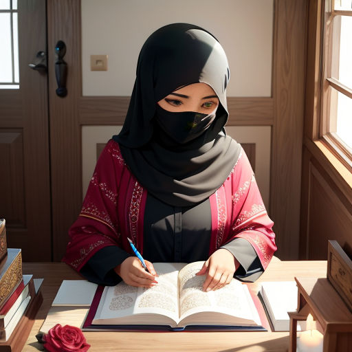 a woman in a hijab is sitting at a desk with a book and pen in her hand