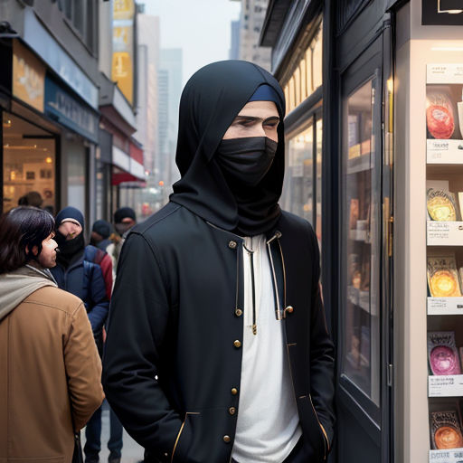 a man in a black hoodie and a black jacket is standing in front of a store window with a black mask on