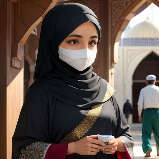 a woman wearing a mask and holding a cup of coffee in front of a building with arches and arches