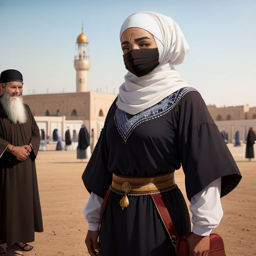 a man in a black outfit and a man in a white head scarf stand in front of a building