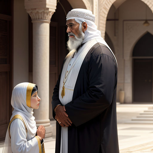 a man and a woman standing in front of a building with arches and pillars, talking to each other