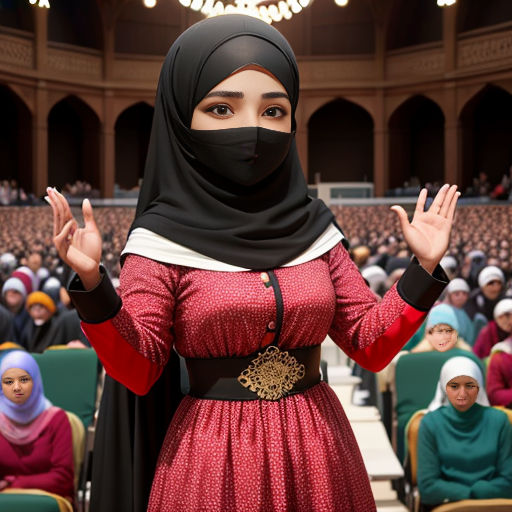 a woman in a red dress and a black head scarf stands in front of a crowd of people in a large auditorium