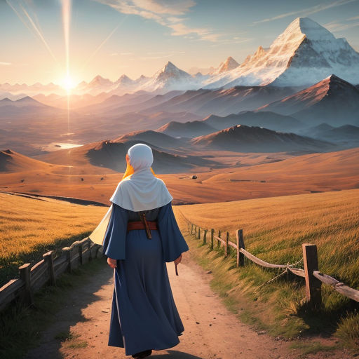a woman in a blue robe is walking down a path towards a mountain range with a sunset in the background