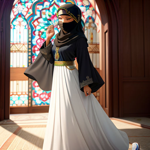 a woman in a white dress and a black head scarf is standing in front of a stained glass window