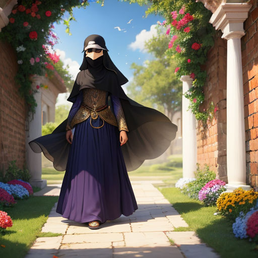 a woman in a purple dress and a black hat is walking through a garden with flowers and a brick archway