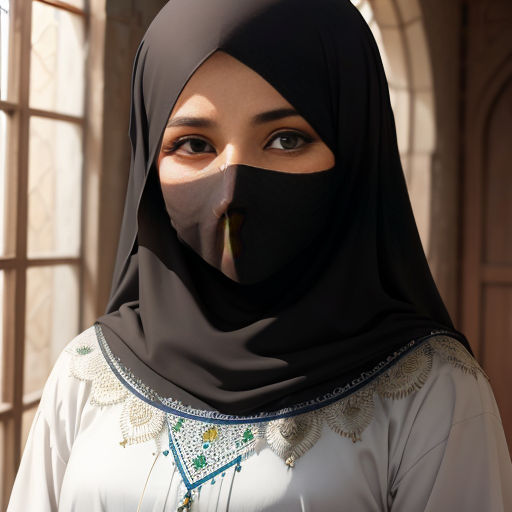a woman wearing a black head scarf and a white shirt with a black veil on her head and a window behind her