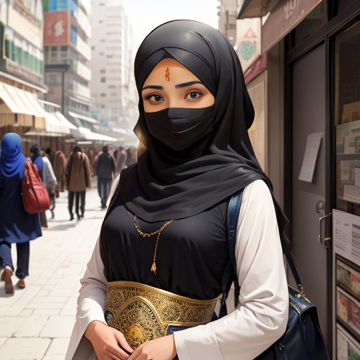 a woman in a hijab and a black head scarf is standing on a street corner with a purse