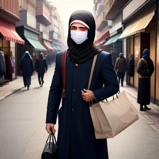 a man in a burka walks down a street with a bag and a face mask on his head