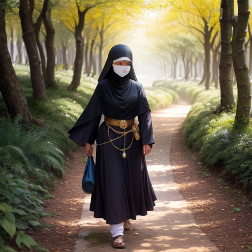 a woman in a black dress and a white mask walking down a path in a forest with trees and grass