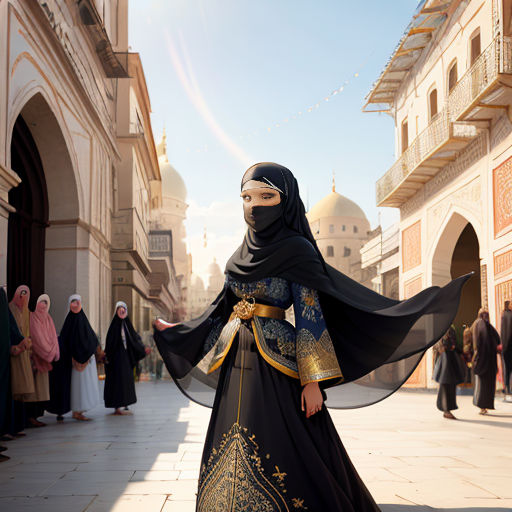 a woman in a black and gold dress and head scarf is standing in a courtyard with people in the background