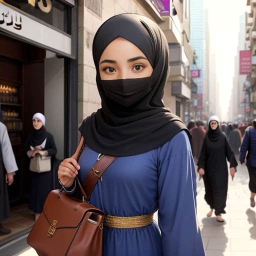 a woman in a hijab is walking down the street with a purse on her shoulder and a purse on her shoulder