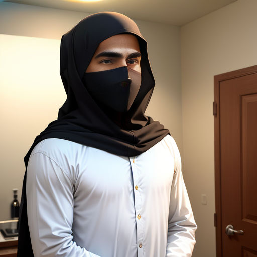 a man wearing a black head scarf and a white shirt with a black hoodie on his head and a door in the background
