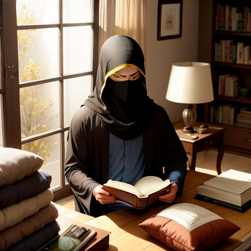 a person in a burka sitting at a desk reading a book with a lamp on it and a window behind them