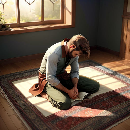a man sitting on a rug in a room with a window and a rug on the floor with a rug on it