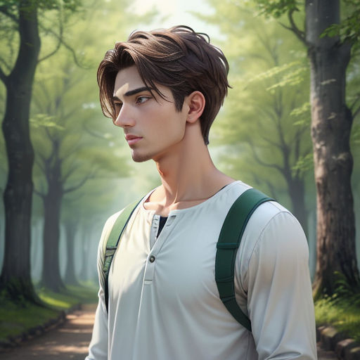 a man with a backpack standing in a forest with trees and a path leading to him with a forest in the background