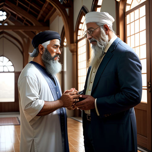 two men in a hall with a large window and a tile floor and a wooden door with arched windows