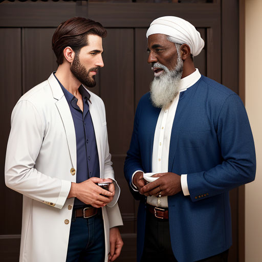 two men standing next to each other in front of a door with a white beard and a blue shirt