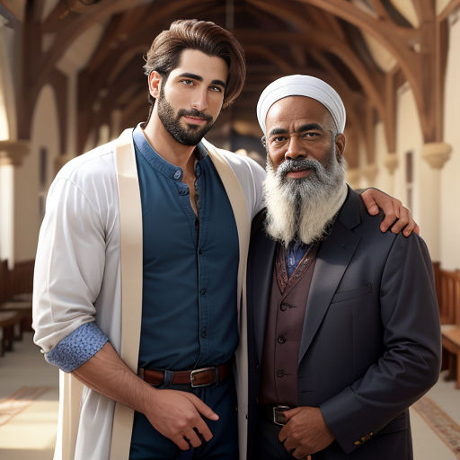 two men standing next to each other in a building with a large archway and a ceiling with beams and beams