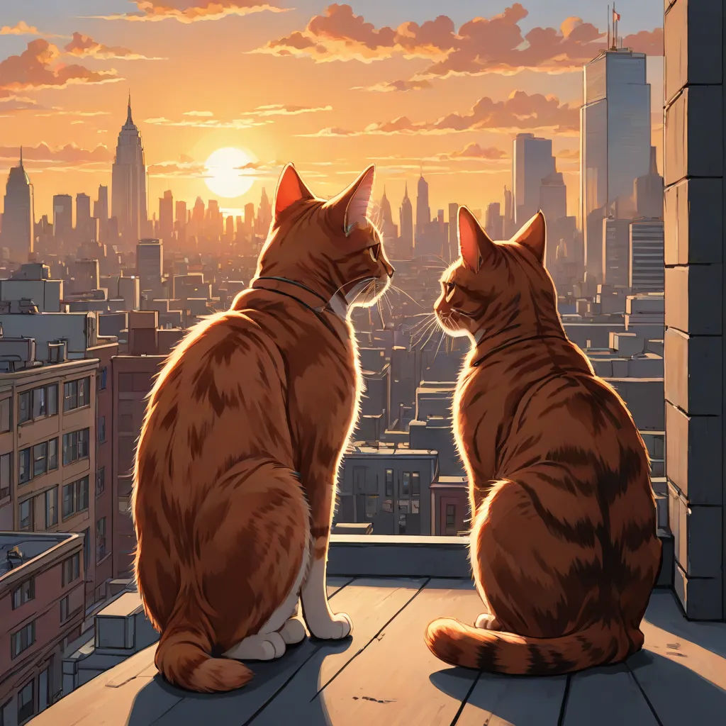 two cats sitting on a roof looking at each other in the city at sunset or dawn, with the sun setting, Dan Mumford, furry art, a comic book panel, city background
