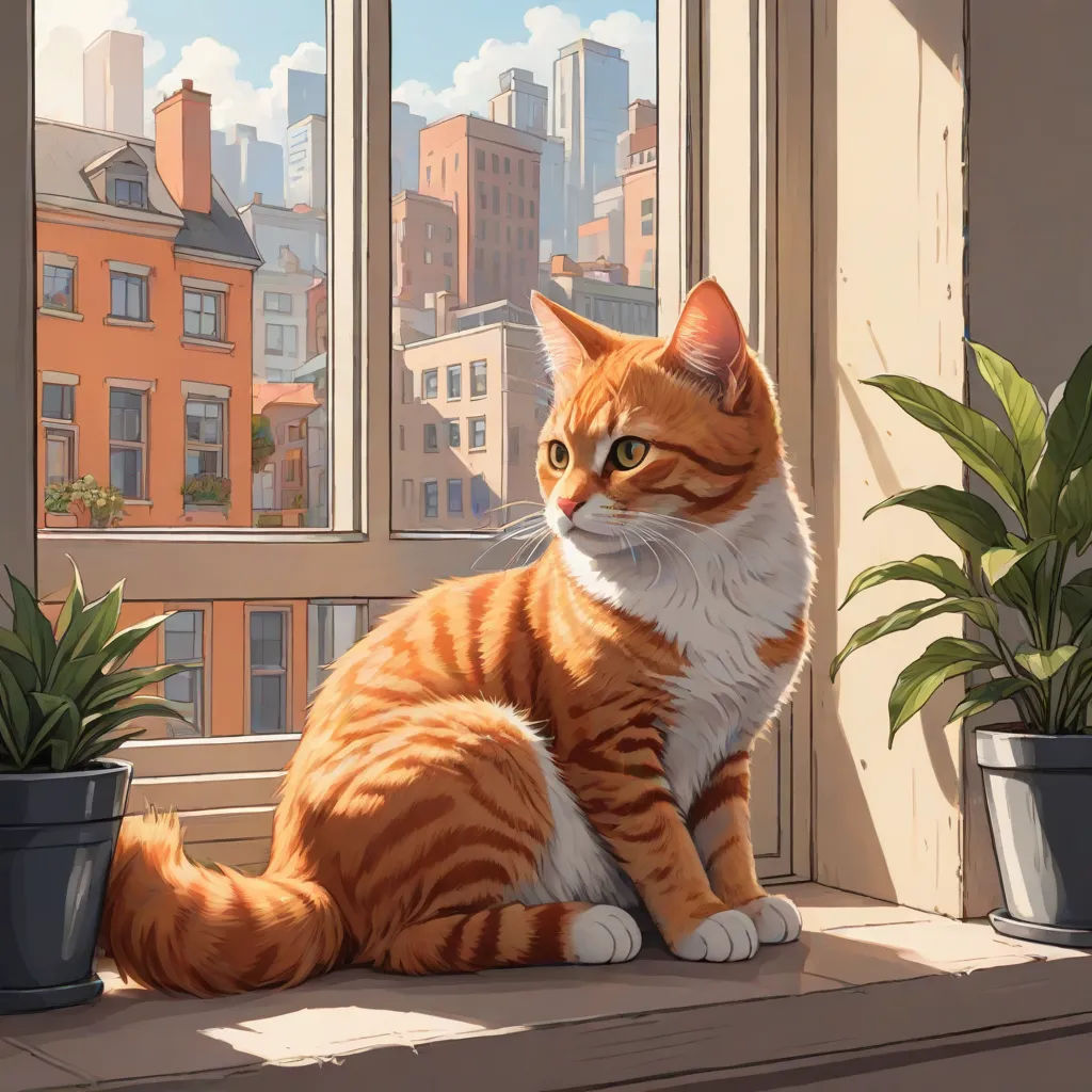 a cat sitting on a window sill next to a potted plant and a window sill with a city view, Evgeny Lushpin, furry art, a detailed painting, city background