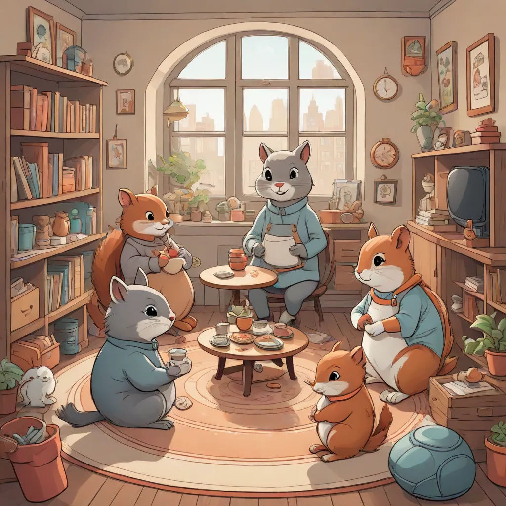 a group of animals sitting around a table in a room with a window and a clock on the wall, Chris LaBrooy, furry art, a storybook illustration, storybook illustration