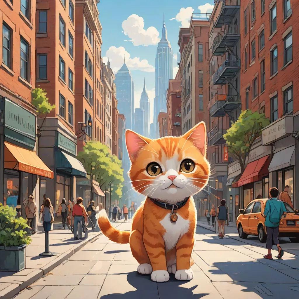 a cat is standing on a city street with people walking by it and a car is parked on the side of the street, Chris LaBrooy, american scene painting, a storybook illustration, official art