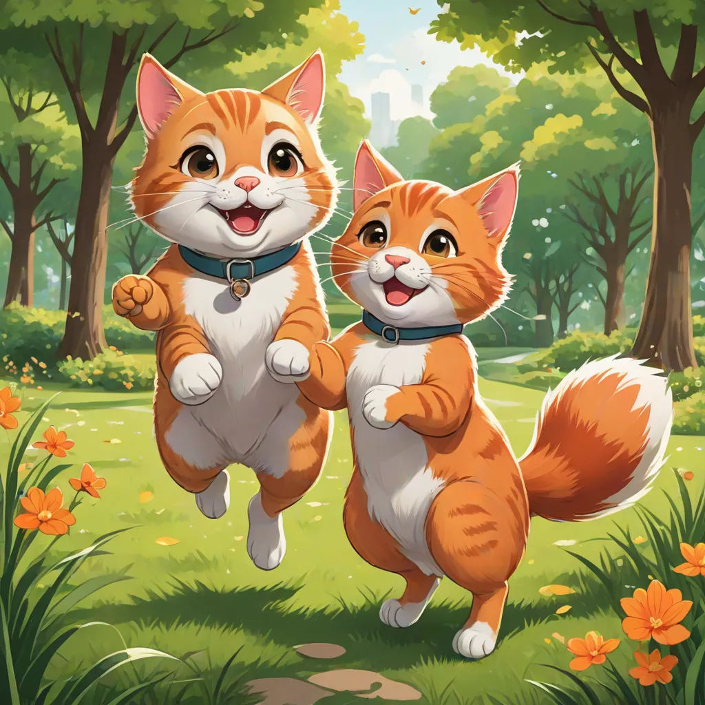 two cats are jumping in the air in a park with flowers and trees in the background, one is orange and the other is white, Chris Rallis, sots art, a storybook illustration, official art