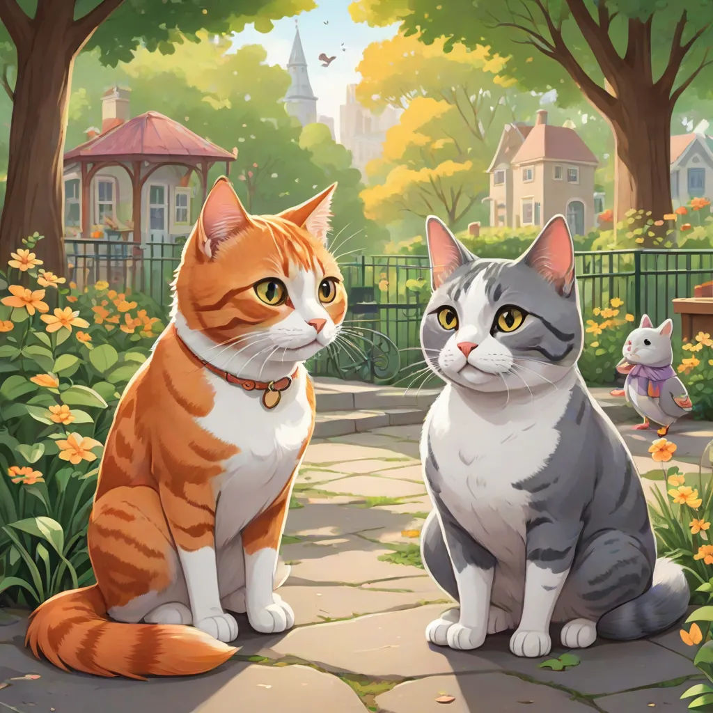a couple of cats sitting on top of a stone walkway next to a park filled with flowers and trees, Chris LaBrooy, sots art, a storybook illustration, official art