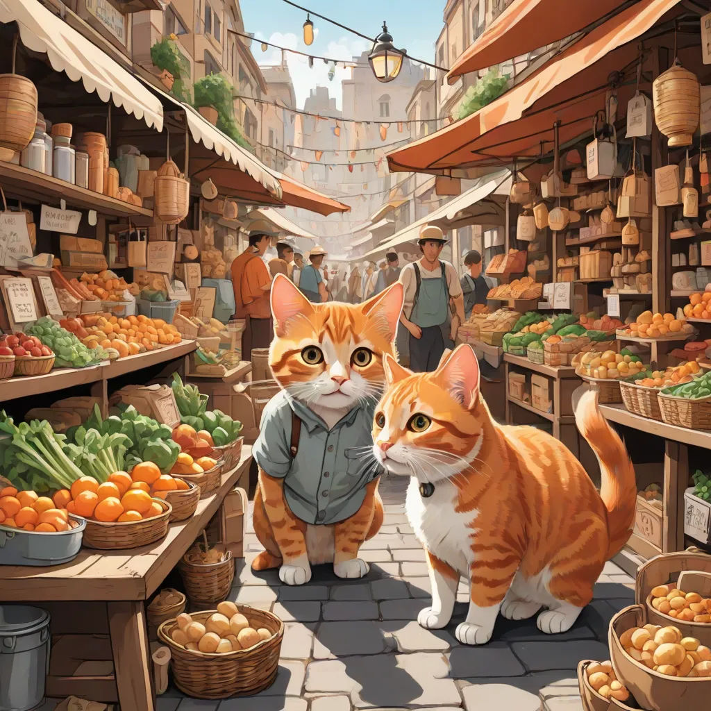 a painting of two cats standing in a market with a man in the background looking at them in the foreground, Chris LaBrooy, furry art, a storybook illustration, official art