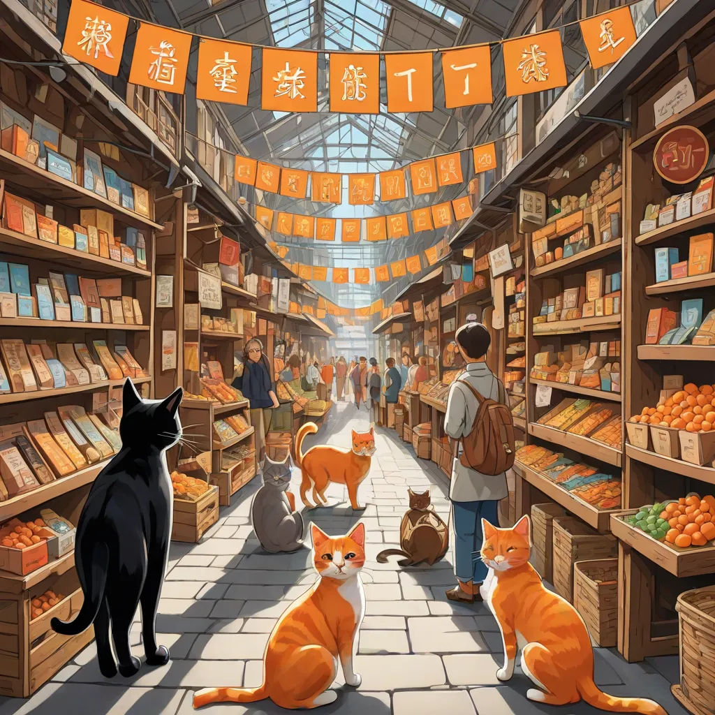 a painting of a cat shop with many cats sitting on the floor and people walking around the store and looking at the cats, Asaf Hanuka, furry art, a storybook illustration, trending on art station
